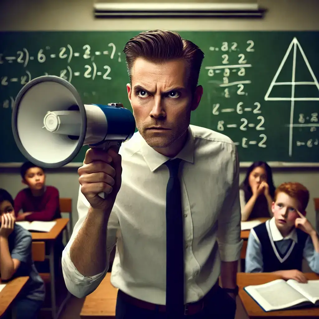 1A Kommunikation die Schule macht - Challenge 2 Ein strenger Lehrer steht vor einer Schultafel und hält ein Megafon, mit dem er laut seine Schüler anspricht. Die Schüler sitzen an ihren Tischen, einige halten sich die Ohren zu. Pädagogische Kommunikation im Klassenzimmer.