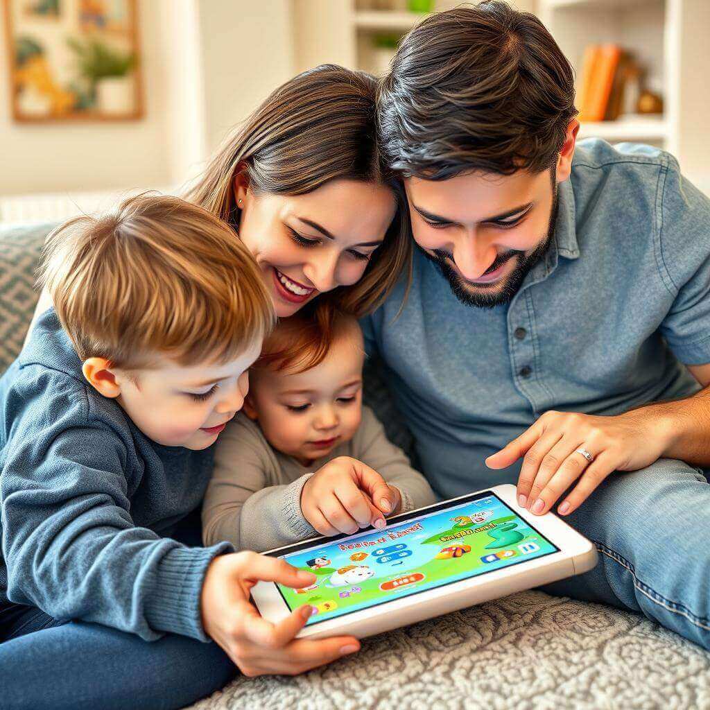 Die ganze Familie am Tablet Eine Familie nutzt altersgerechte Software auf einem Tablet