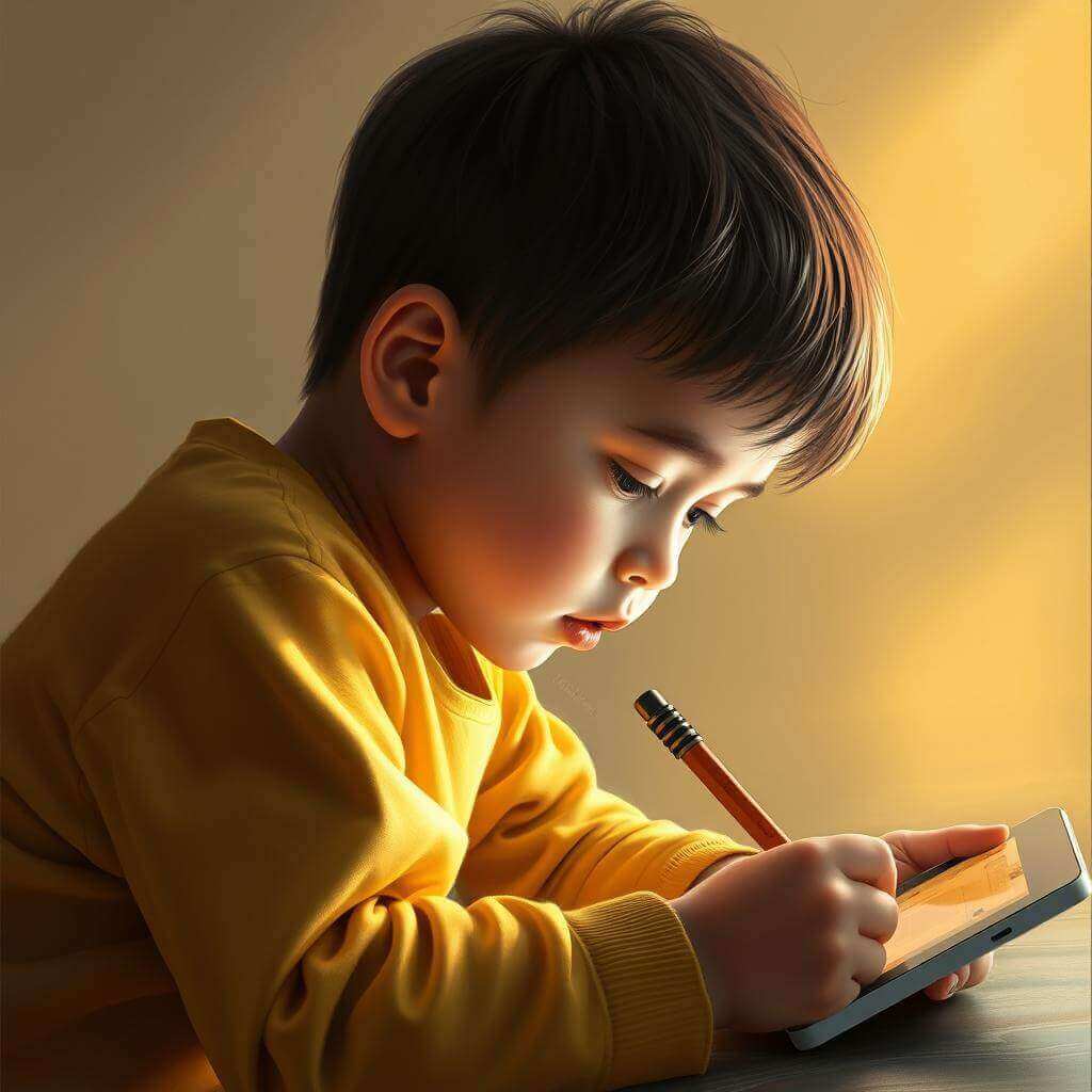 Kind ist auf Tablet aktiv Kind malt auf einem Tablet digitale Bilder