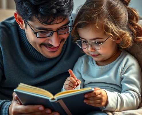 Vorlesen ruhig als Ritual Vater liest Tochter aus einem Buch vor