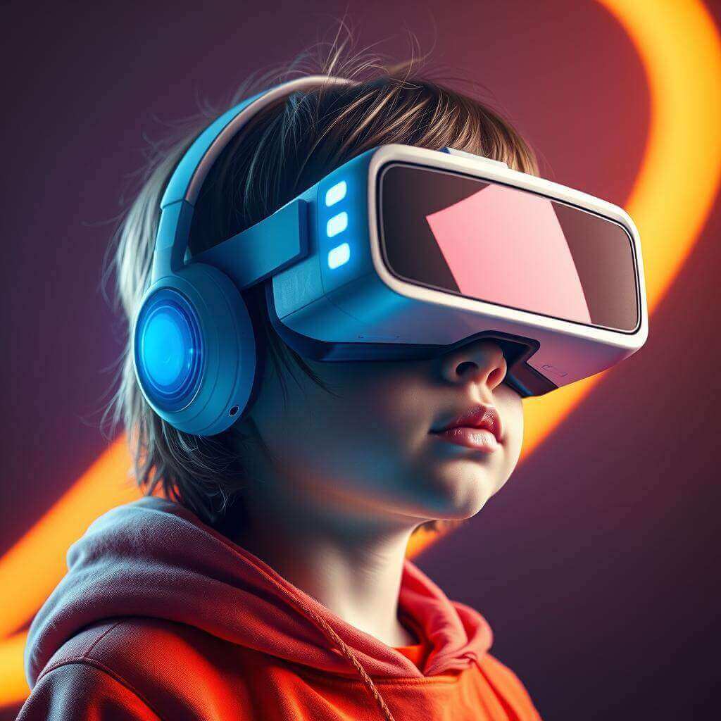 Kinder fördern durch digitale Medien? Bedenklich oder Bedeutsam? | Ein Ratgeber 1 Kind mit VR-Brille und Kopfhörern