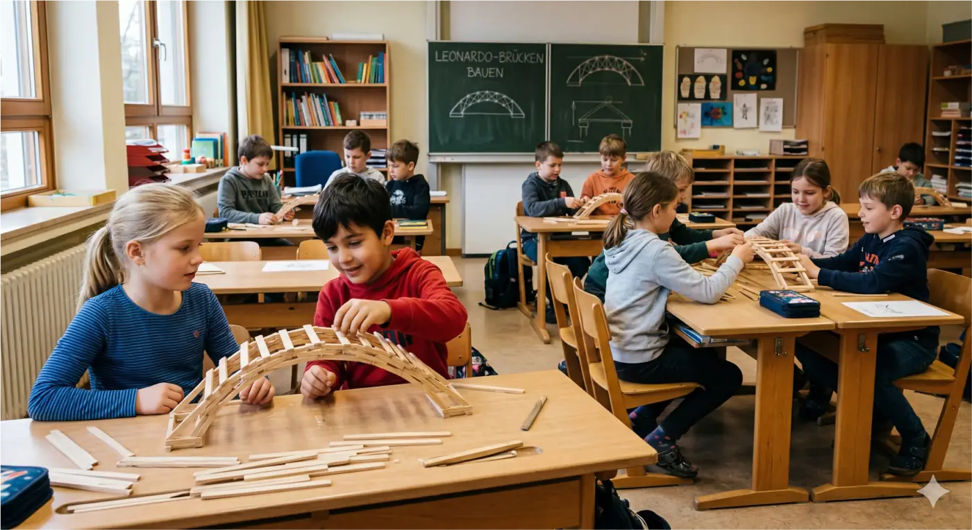 Volle Konzentration, Grundschulkinder bauen Leonardobrücken
