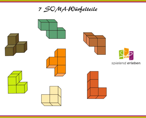 Die sieben Teile des SOMA-Würfels als Übersicht