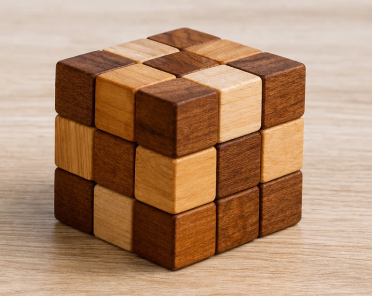 SOMA-Würfel aus Holz als Konzentrations- und Logikspiel auf hellem Holztisch