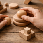 Hände beim Spielen mit Holzspielzeug auf einem Holztisch zur Förderung von Motorik, Wahrnehmung und Konzentration