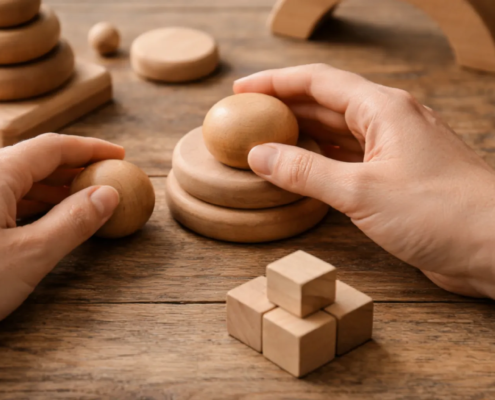 Hände beim Spielen mit Holzspielzeug auf einem Holztisch zur Förderung von Motorik, Wahrnehmung und Konzentration