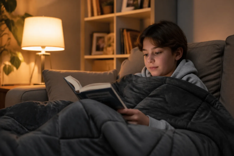 Ein Jugendlicher sitzt ruhig auf einem Sofa, eingekuschelt in eine Gewichtsdecke, und liest ein Buch. Das Bild zeigt die beruhigende Wirkung von tiefem Druck und die Bedeutung sensorischer Regulation für Entspannung und Schlaf.