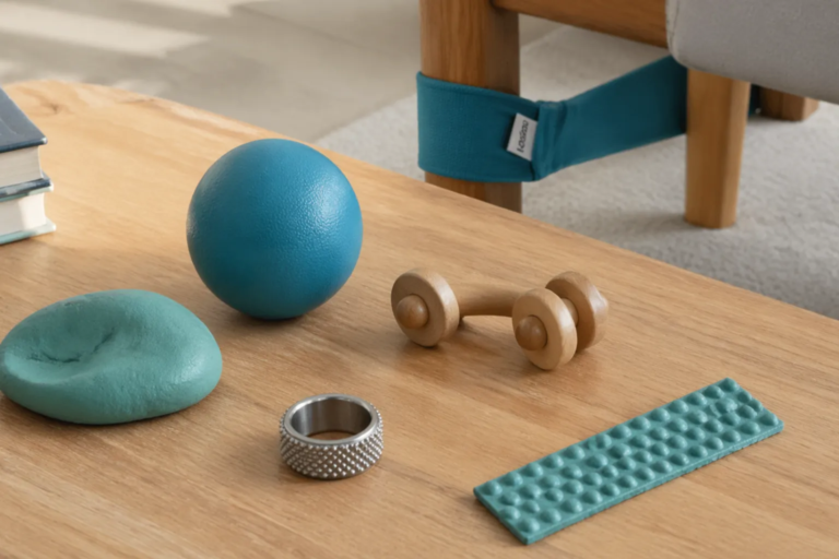 Verschiedene haptische Hilfsmittel wie Stressball, Ring, Taststreifen und Fußband auf einem Holztisch