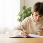 Jugendlicher lernt am Schreibtisch und hält einen Stressball zur Unterstützung der Konzentration