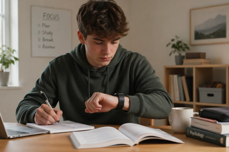 Jugendlicher lernt am Schreibtisch und nutzt eine Smartwatch für haptische Erinnerungen