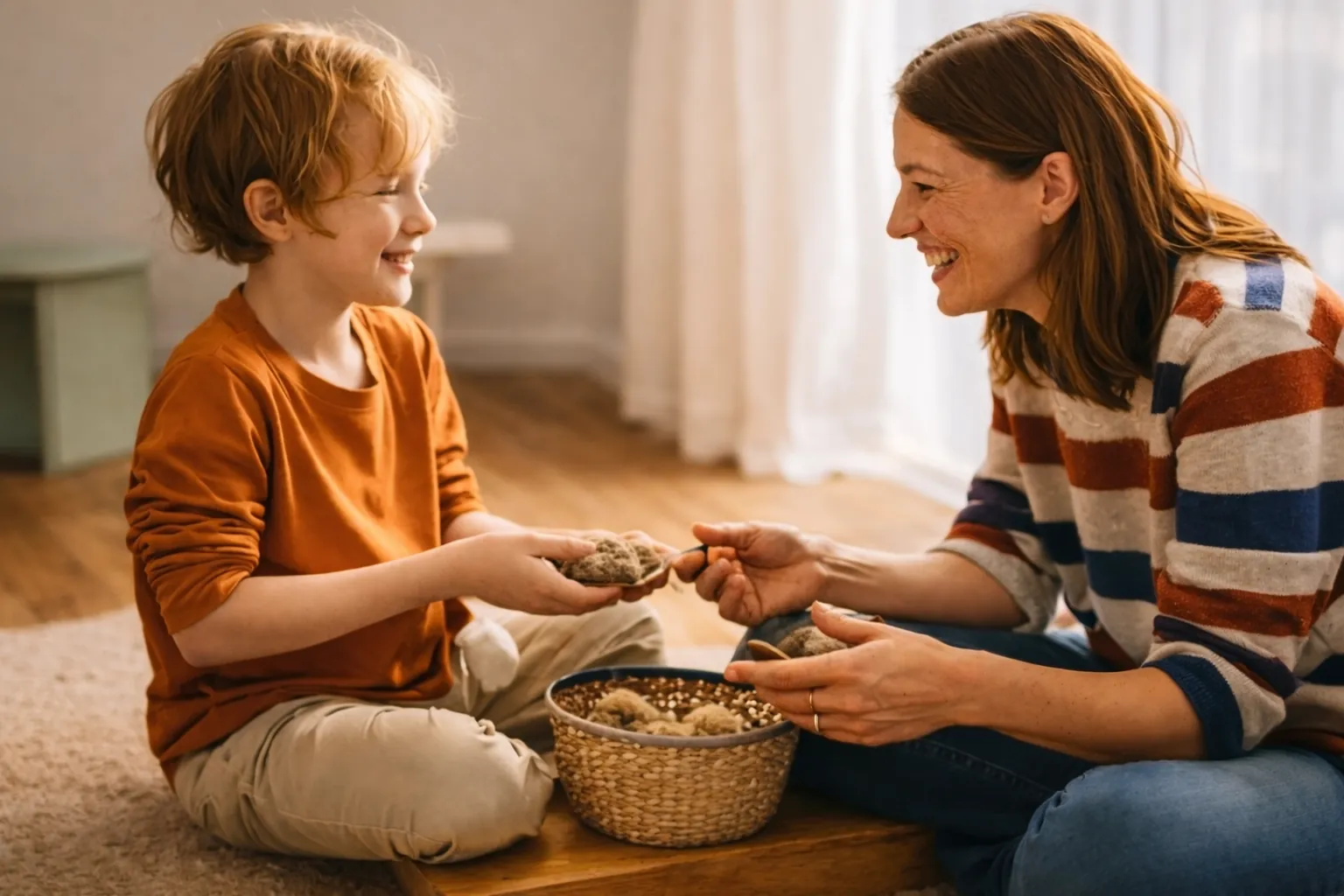 Mutter und Kind spielen zuhause gemeinsam mit Naturmaterialien auf dem Boden