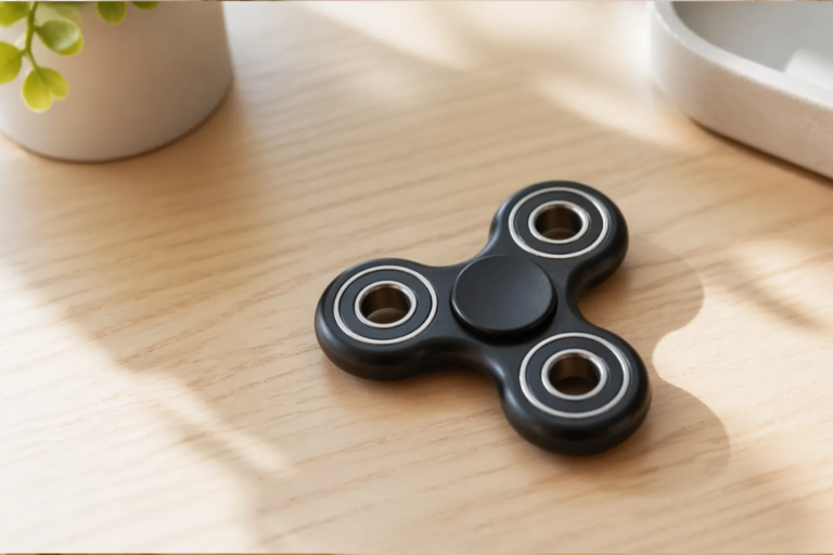 Schwarzer Fidget Spinner auf einem hellen Holztisch in ruhiger Umgebung