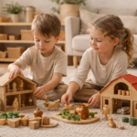 Zwei Kinder spielen im Familienalltag mit nachhaltigem Holzspielzeug in einem warmen Wohnraum