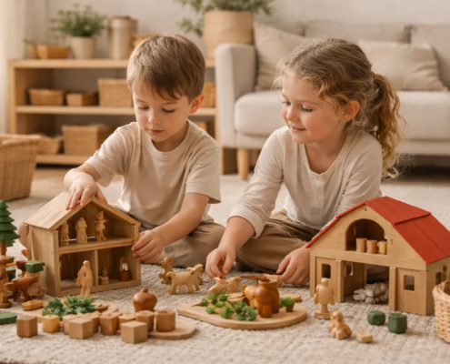 Zwei Kinder spielen im Familienalltag mit nachhaltigem Holzspielzeug in einem warmen Wohnraum