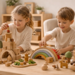Zwei Kinder entdecken nachhaltiges und sinnvolles Holzspielzeug in einer hellen, natürlichen Wohnumgebung