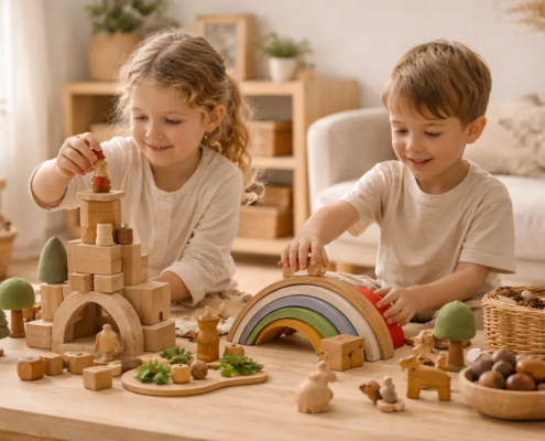 Zwei Kinder entdecken nachhaltiges und sinnvolles Holzspielzeug in einer hellen, natürlichen Wohnumgebung