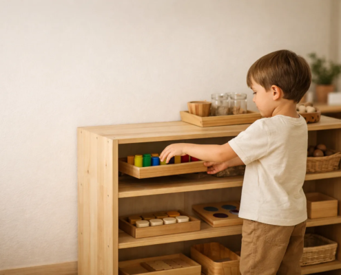 Kind ordnet selbstständig Montessori-Holzmaterial in ein offenes Regal ein