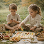 Zwei Kinder lernen spielerisch mit Naturmaterialien und jahreszeitlichen Fundstücken in der Natur