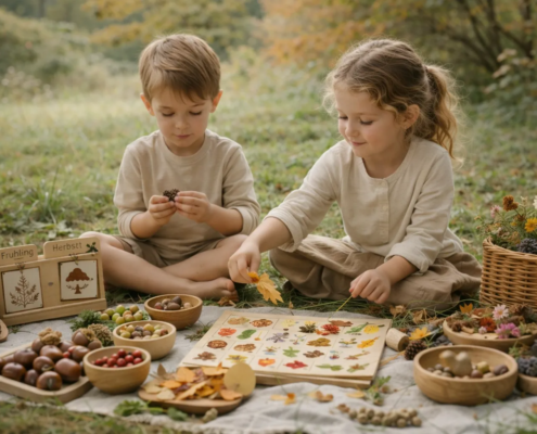 Zwei Kinder lernen spielerisch mit Naturmaterialien und jahreszeitlichen Fundstücken in der Natur