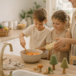 Zwei Kinder helfen im Familienalltag in der Küche beim Zubereiten von Gemüse