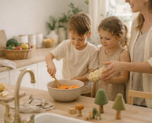 Zwei Kinder helfen im Familienalltag in der Küche beim Zubereiten von Gemüse