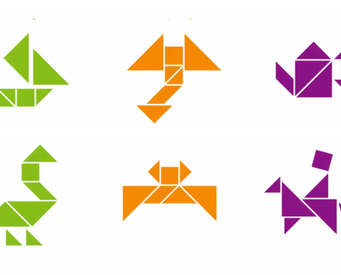 Tangram-Lösungen und Figuren aus Holz