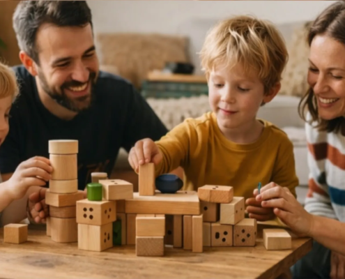 Familie spielt zuhause gemeinsam mit einem Holzspiel am Tisch