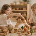 Zwei Kinder spielen fantasievoll mit offenem Holzspielzeug in einer warmen Waldorf-inspirierten Umgebung