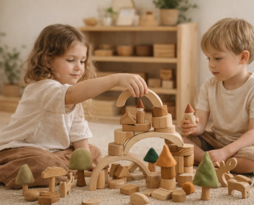 Zwei Kinder spielen fantasievoll mit offenem Holzspielzeug in einer warmen Waldorf-inspirierten Umgebung
